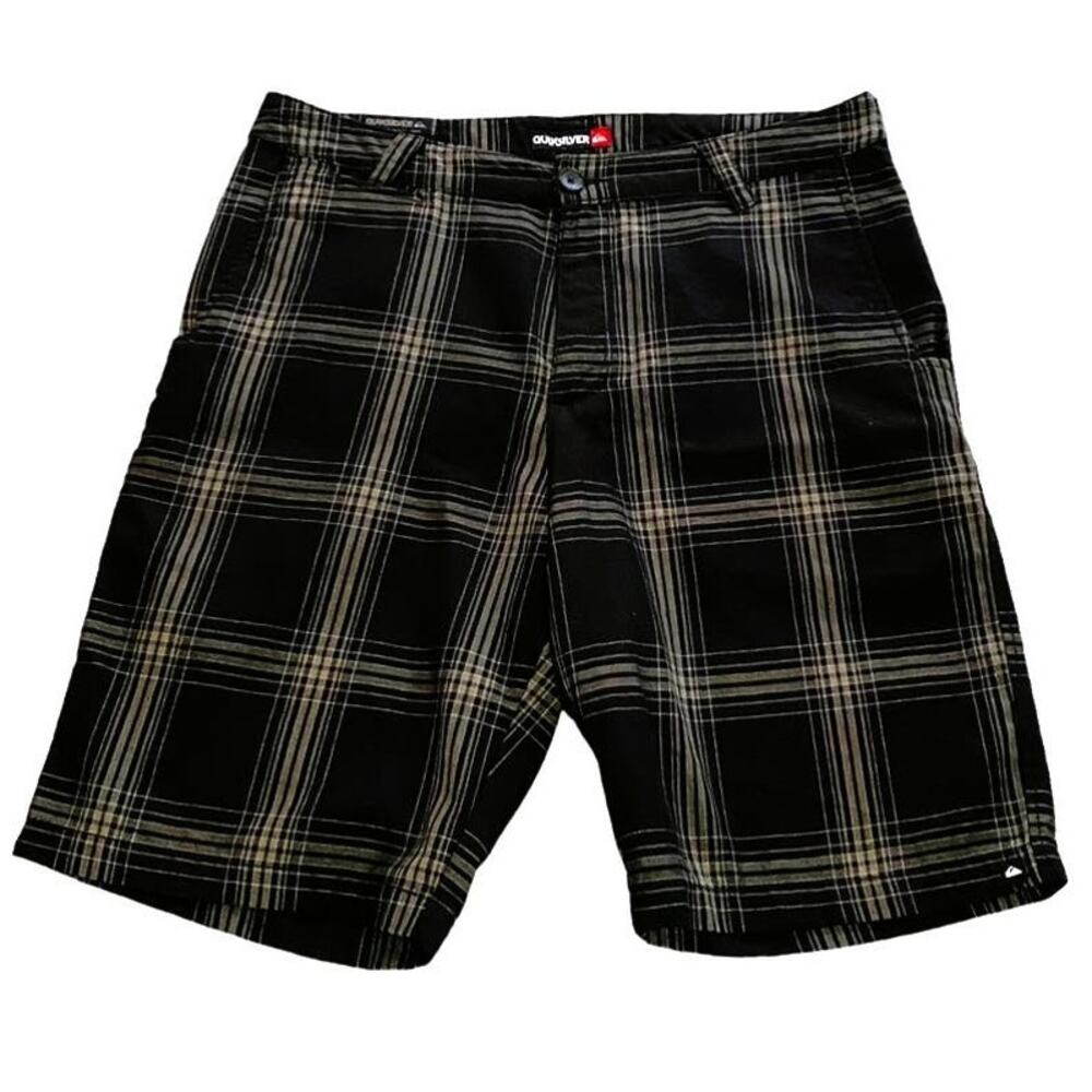 QUIKSILVER Black & Tan Plaid Shorts with Cell Pocket ~ Men's Size 34